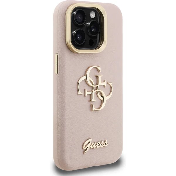 Guess PU Grained 4G Logo Stand Camera Frame kryt iPhone 15 Pro ružový