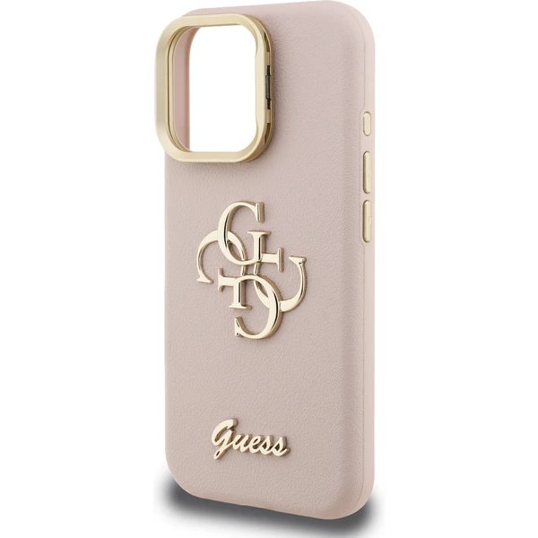 Guess PU Grained 4G Logo Stand Camera Frame kryt iPhone 15 Pro ružový