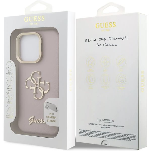 Guess PU Grained 4G Logo Stand Camera Frame kryt iPhone 15 Pro ružový
