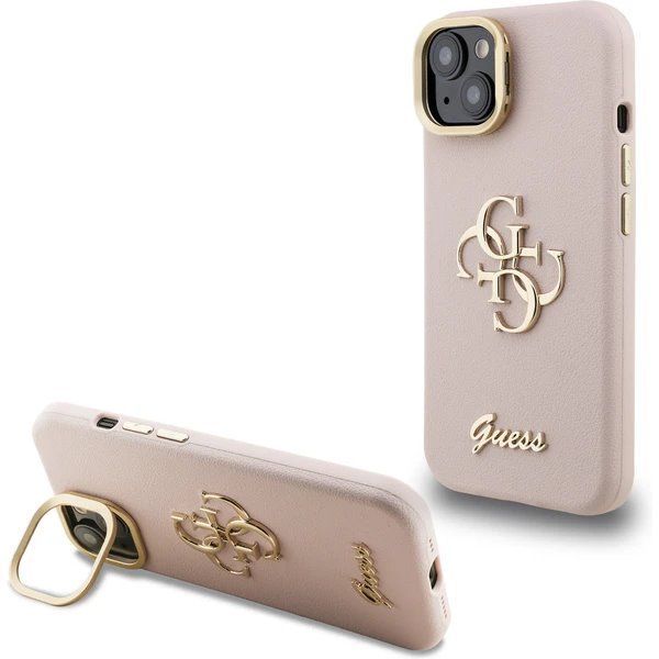 Guess PU Grained 4G Logo Stand Camera Frame kryt iPhone 15 ružový
