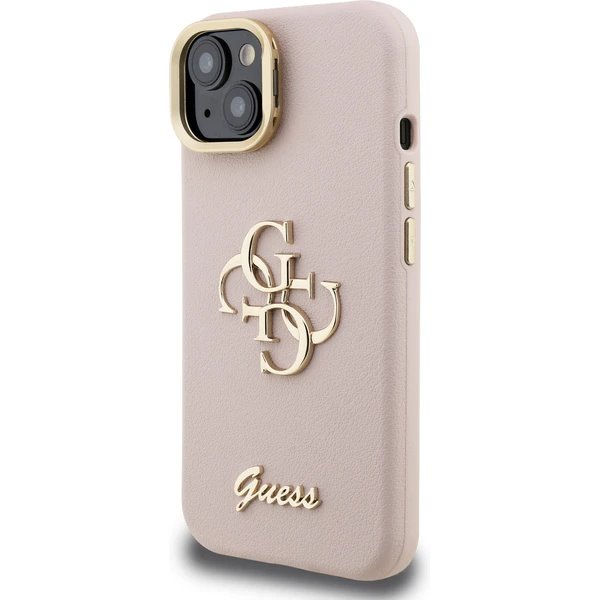 Guess PU Grained 4G Logo Stand Camera Frame kryt iPhone 15 ružový