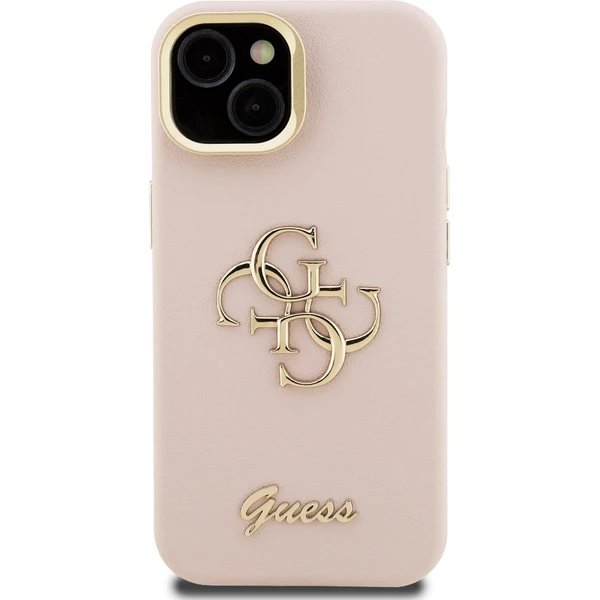 Guess PU Grained 4G Logo Stand Camera Frame kryt iPhone 15 ružový