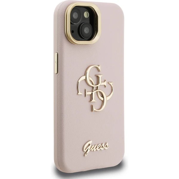 Guess PU Grained 4G Logo Stand Camera Frame kryt iPhone 15 ružový