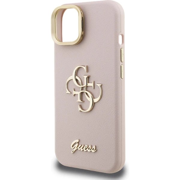 Guess PU Grained 4G Logo Stand Camera Frame kryt iPhone 15 ružový