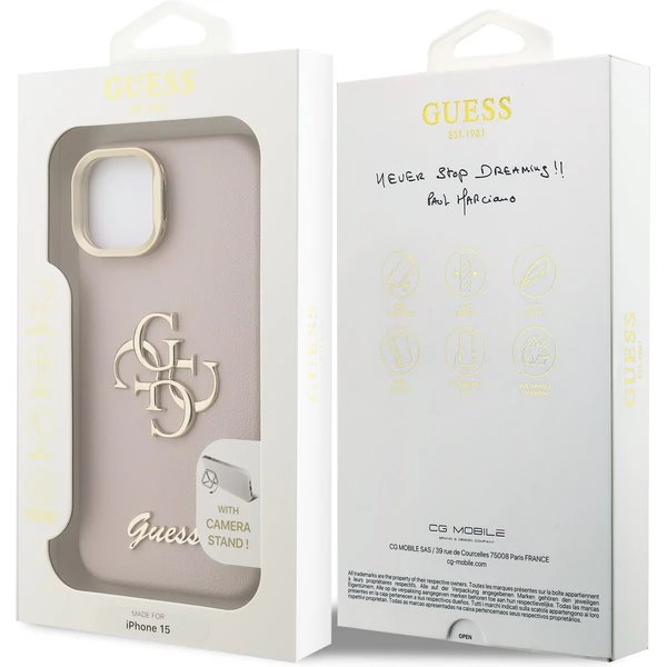 Guess PU Grained 4G Logo Stand Camera Frame kryt iPhone 15 ružový