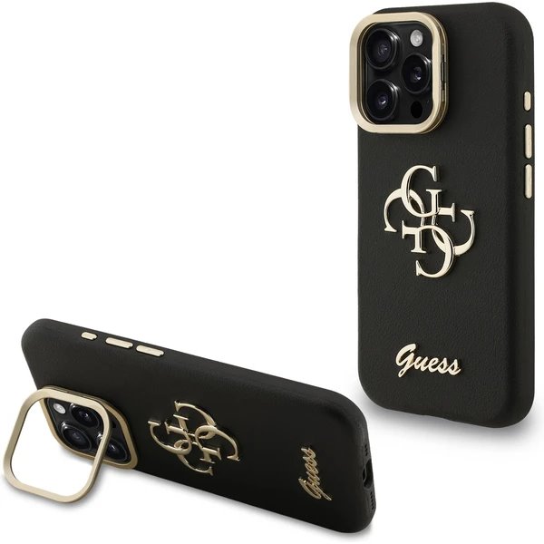 Guess PU Grained 4G Logo Stand Camera Frame kryt iPhone 15 Pro čierny