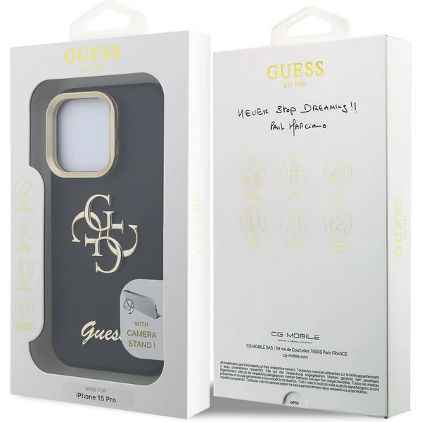 Guess PU Grained 4G Logo Stand Camera Frame kryt iPhone 15 Pro čierny