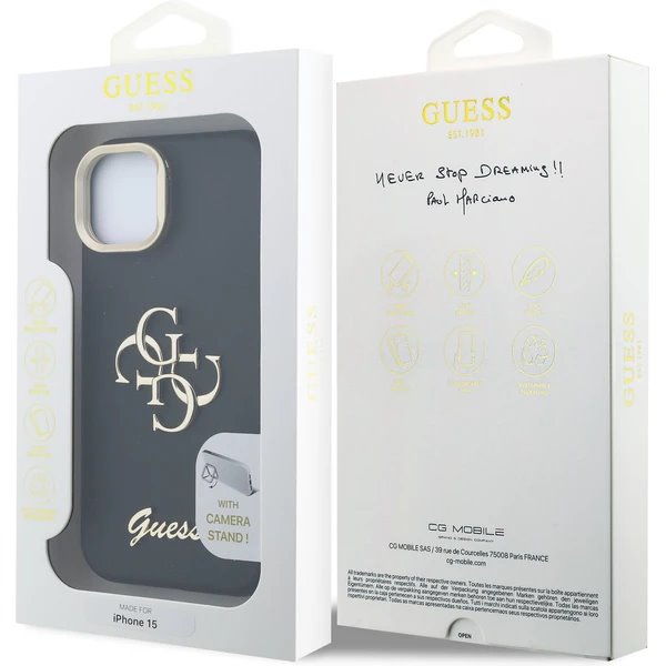Guess PU Grained 4G Logo Stand Camera Frame kryt iPhone 15 čierny
