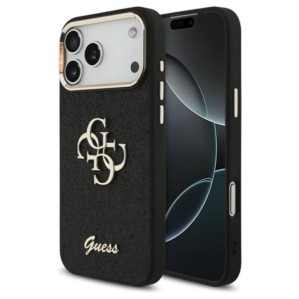 Guess PU Fixed Glitter 4G Metal Frame kryt iPhone 17 Pro Max čierny