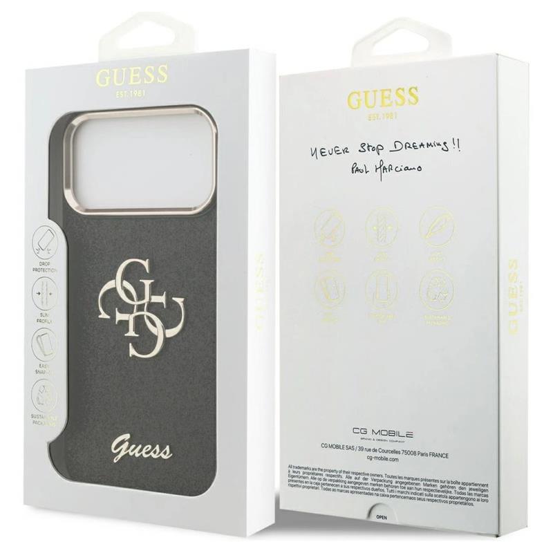 Guess PU Fixed Glitter 4G Metal Frame kryt iPhone 17 Pro Max čierny