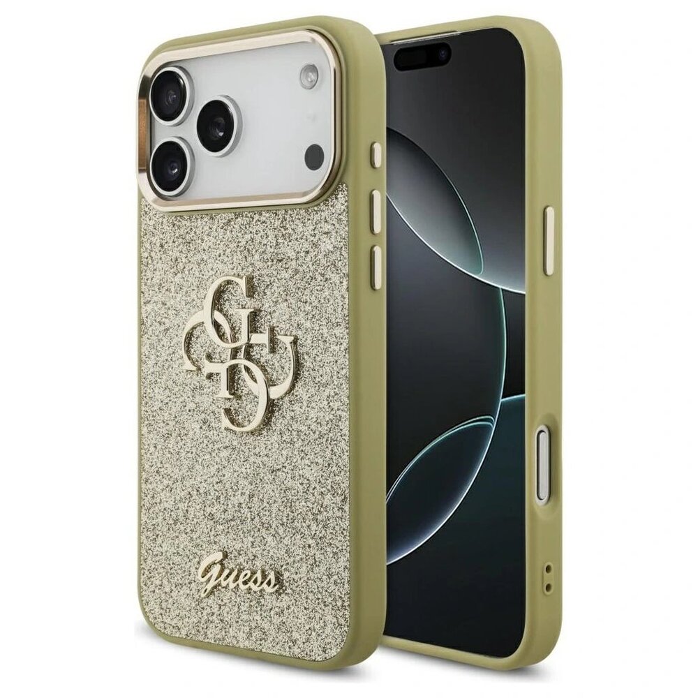 Guess PU Fixed Glitter 4G Metal Frame kryt iPhone 17 Pro Max zlatý