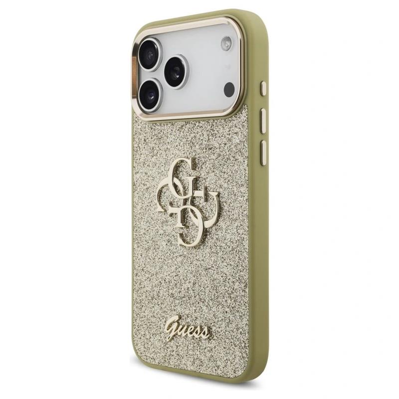 Guess PU Fixed Glitter 4G Metal Frame kryt iPhone 17 Pro Max zlatý