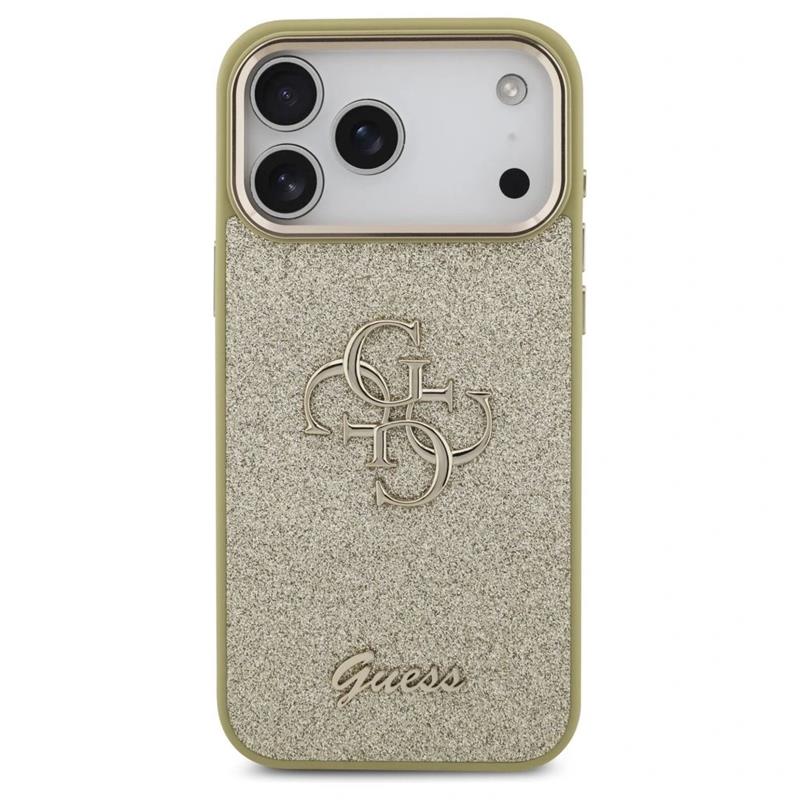 Guess PU Fixed Glitter 4G Metal Frame kryt iPhone 17 Pro Max zlatý