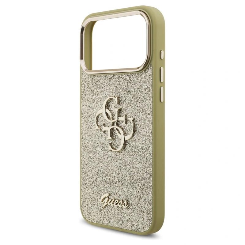 Guess PU Fixed Glitter 4G Metal Frame kryt iPhone 17 Pro Max zlatý
