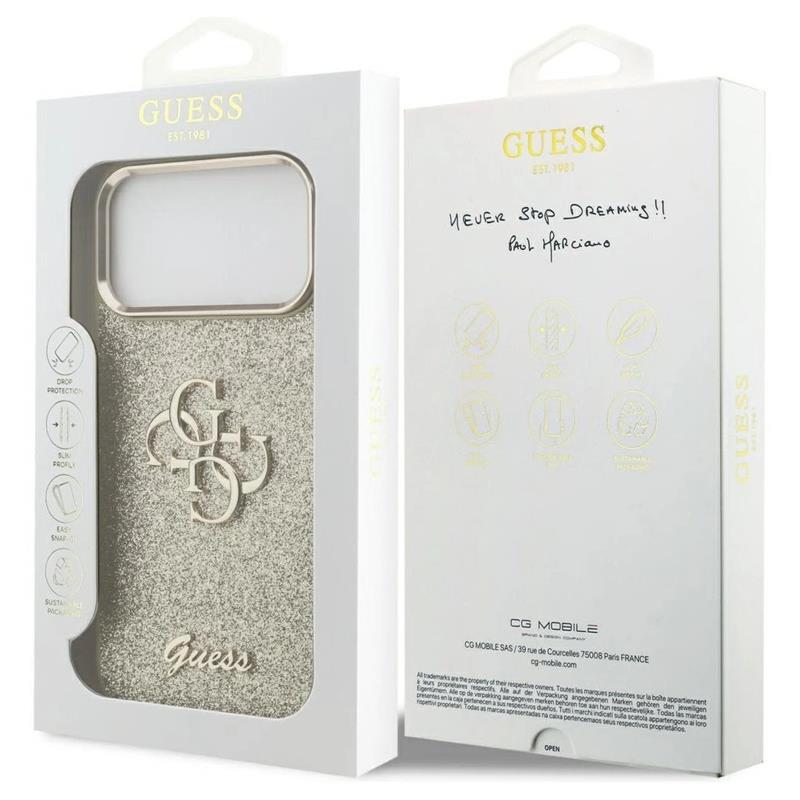 Guess PU Fixed Glitter 4G Metal Frame kryt iPhone 17 Pro Max zlatý