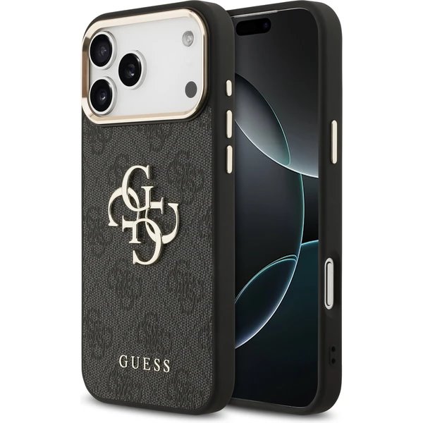 Guess PU Leather 4G Metal Logo Gold Frame kryt iPhone 17 Pro Max čierny