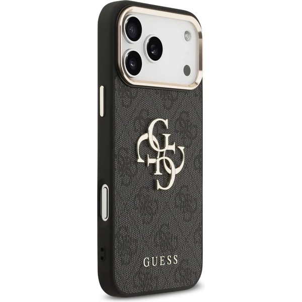 Guess PU Leather 4G Metal Logo Gold Frame kryt iPhone 17 Pro Max čierny