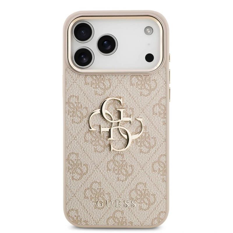 Guess PU Leather 4G Metal Logo Gold Frame kryt iPhone 17 Pro Max růžový