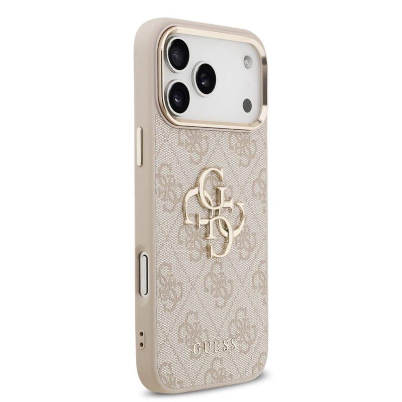 Guess PU Leather 4G Metal Logo Gold Frame kryt iPhone 17 Pro Max růžový