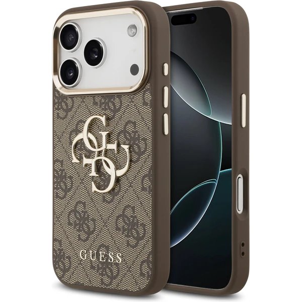 Guess PU Leather 4G Metal Logo Gold Frame kryt iPhone 17 Pro Max hnědý