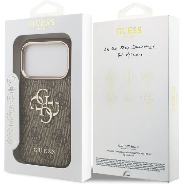 Guess PU Leather 4G Metal Logo Gold Frame kryt iPhone 17 Pro Max hnědý