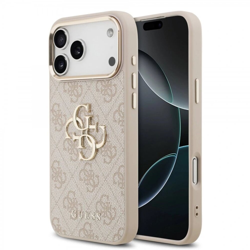 Guess PU Leather 4G Metal Logo Gold Frame kryt iPhone 17 Pro Max ružový