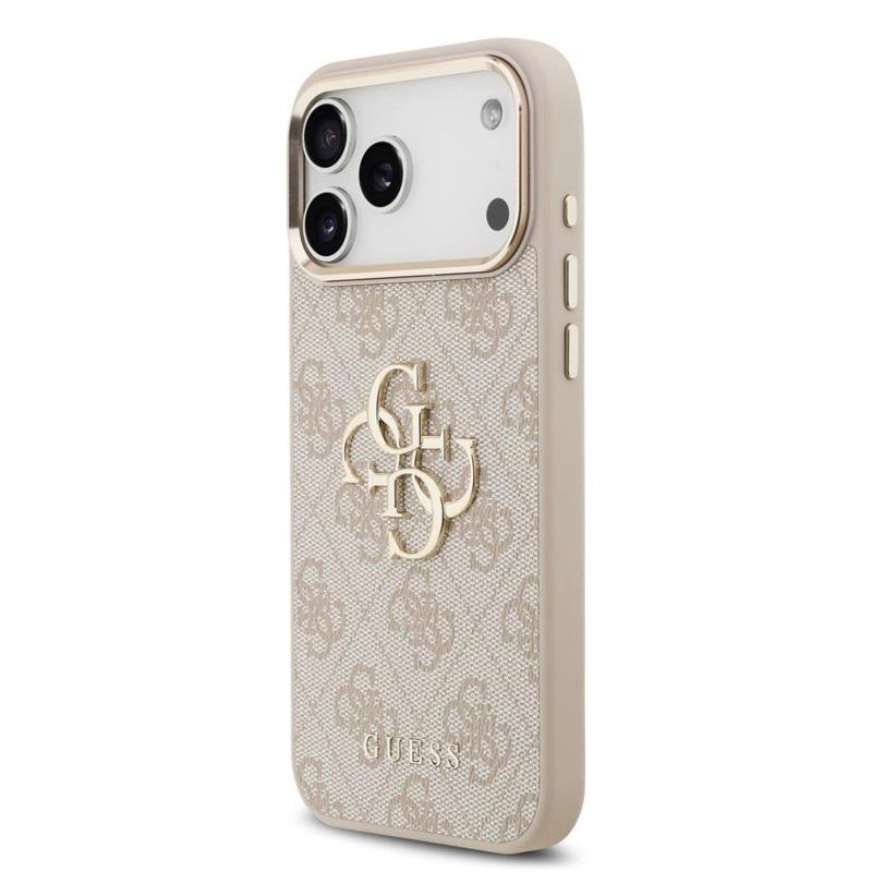 Guess PU Leather 4G Metal Logo Gold Frame kryt iPhone 17 Pro Max ružový