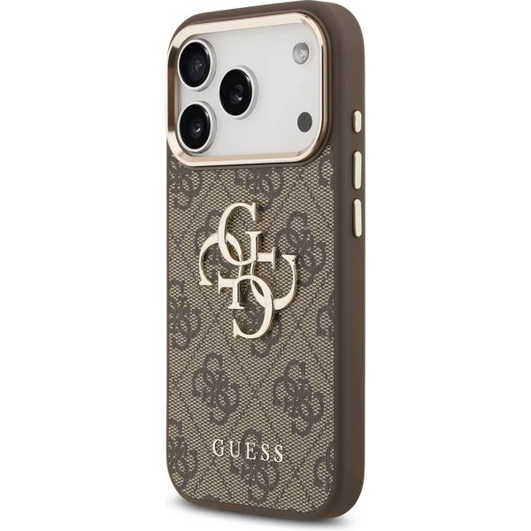 Guess PU Leather 4G Metal Logo Gold Frame kryt iPhone 17 Pro Max hnedý