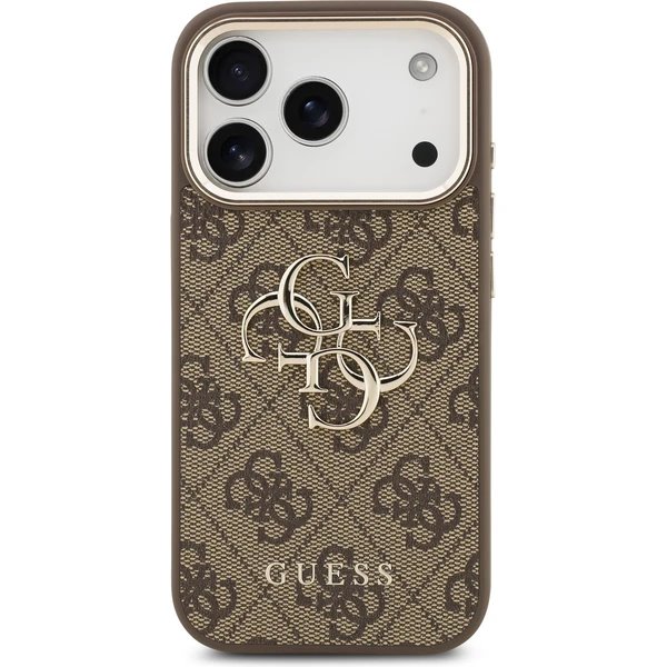 Guess PU Leather 4G Metal Logo Gold Frame kryt iPhone 17 Pro Max hnedý