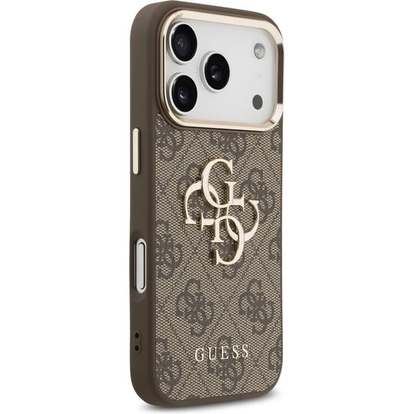 Guess PU Leather 4G Metal Logo Gold Frame kryt iPhone 17 Pro Max hnedý
