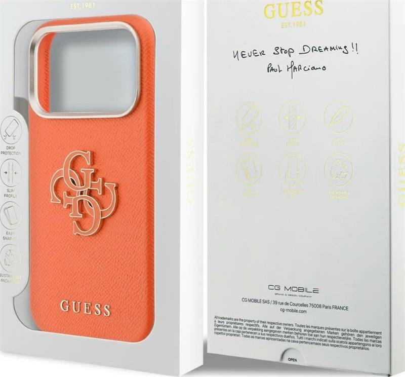 Guess PU Resin Logo kryt iPhone 17 Pro Max oranžový