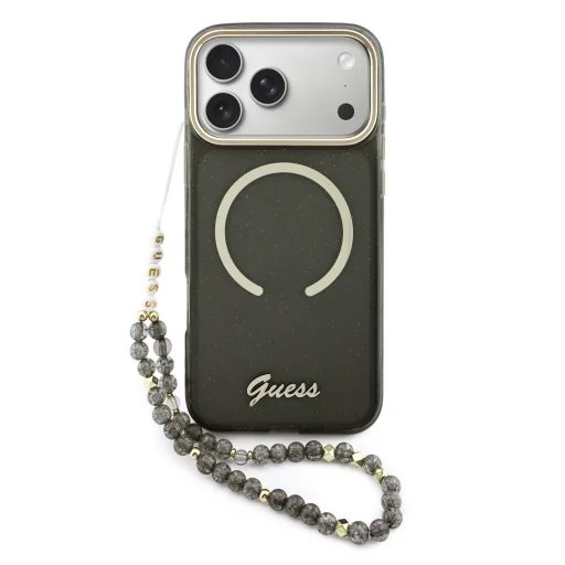 Guess IML Glitter Script Strap MagSafe kryt iPhone 17 Pro Max čierny