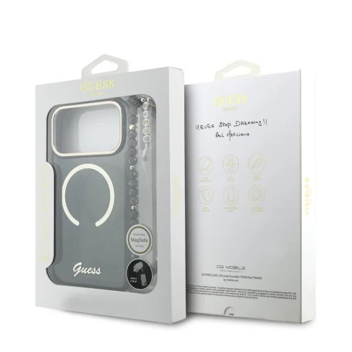 Guess IML Glitter Script Strap MagSafe kryt iPhone 17 Pro čierny