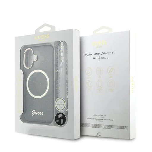 Guess IML Glitter Script Strap MagSafe kryt iPhone 17 čierny