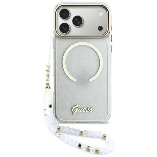 Guess IML Glitter Script Strap MagSafe kryt iPhone 17 Pro biely