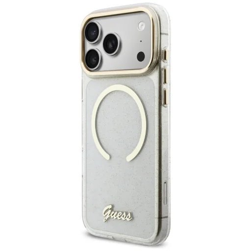 Guess IML Glitter Script Strap MagSafe kryt iPhone 17 Pro biely
