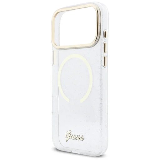 Guess IML Glitter Script Strap MagSafe kryt iPhone 17 Pro biely
