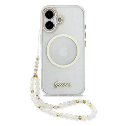 Guess IML Glitter Script Strap MagSafe kryt iPhone 17 biely