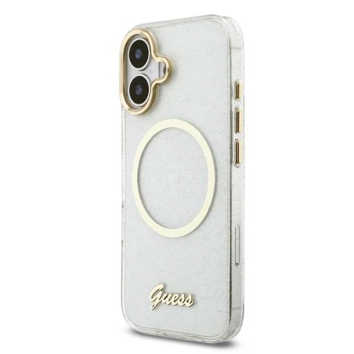 Guess IML Glitter Script Strap MagSafe kryt iPhone 17 biely