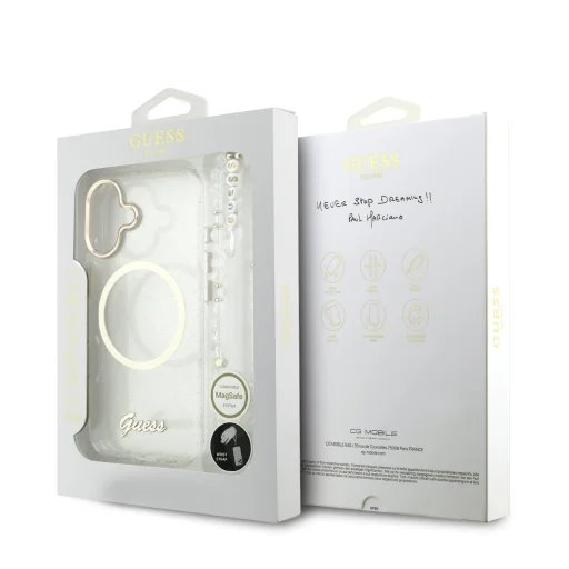 Guess IML Glitter Script Strap MagSafe kryt iPhone 17 biely