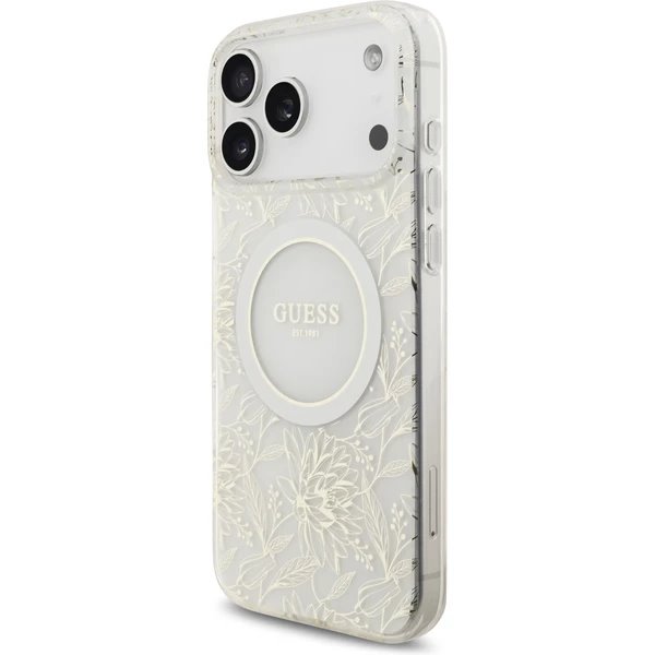 Guess IML Flowers Allover Strap MagSafe kryt iPhone 17 Pro biely