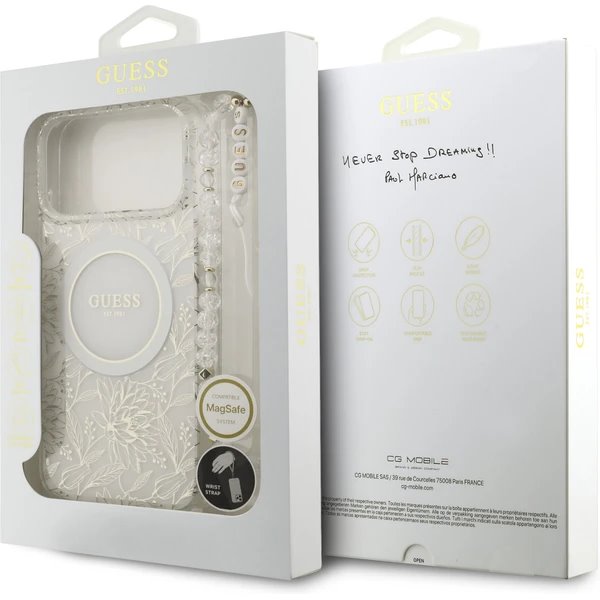 Guess IML Flowers Allover Strap MagSafe kryt iPhone 17 Pro biely