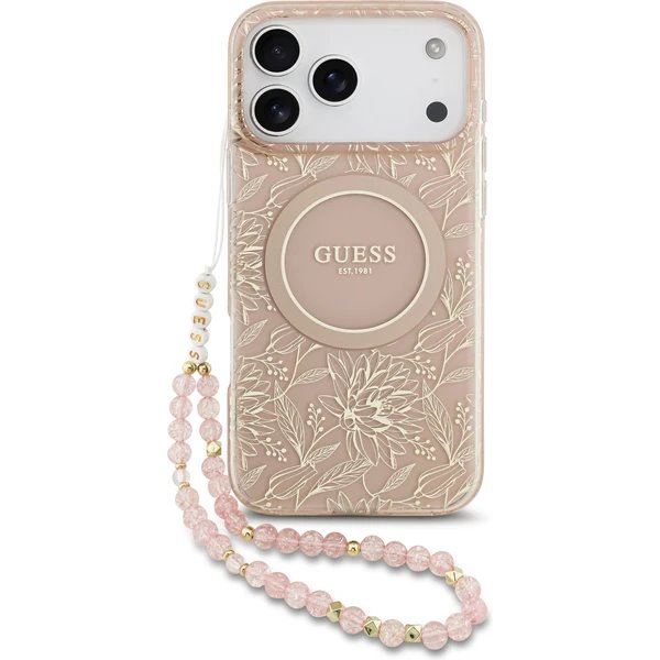 Guess IML Flowers Allover Strap MagSafe kryt iPhone 17 Pro Max ružový