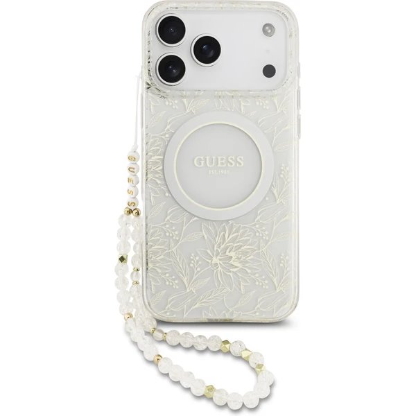 Guess IML Flowers Allover Strap MagSafe kryt iPhone 17 Pro Max biely