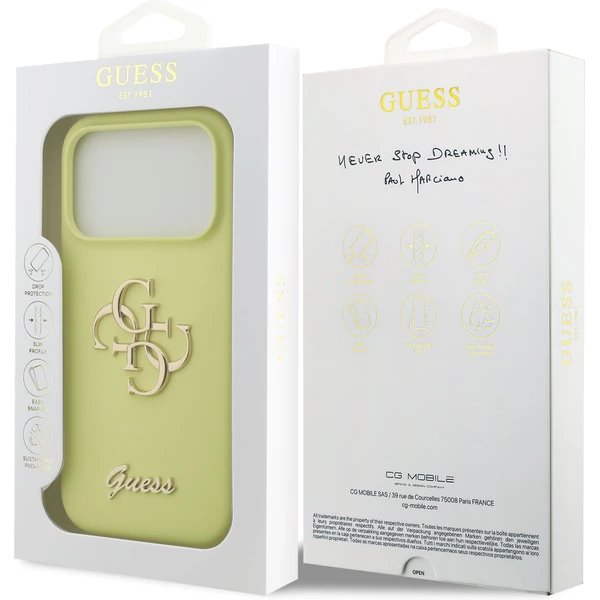 Guess Liquid Silicone 4G Metal Logo kryt iPhone 17 Pro žltý