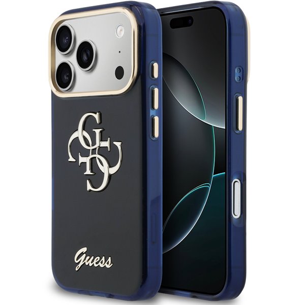 Guess IML 4G Script Metal Logo kryt iPhone 17 Pro Max modrý