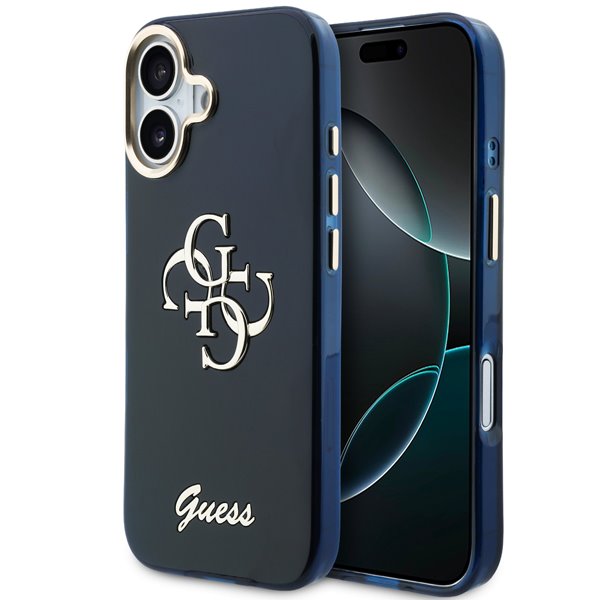 Guess IML 4G Script Metal Logo kryt iPhone 17 modrý