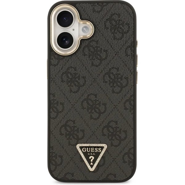 Guess PU Leather 4G Strass Triangle Logo Gold Frame MagSafe kryt iPhone 17 čierny