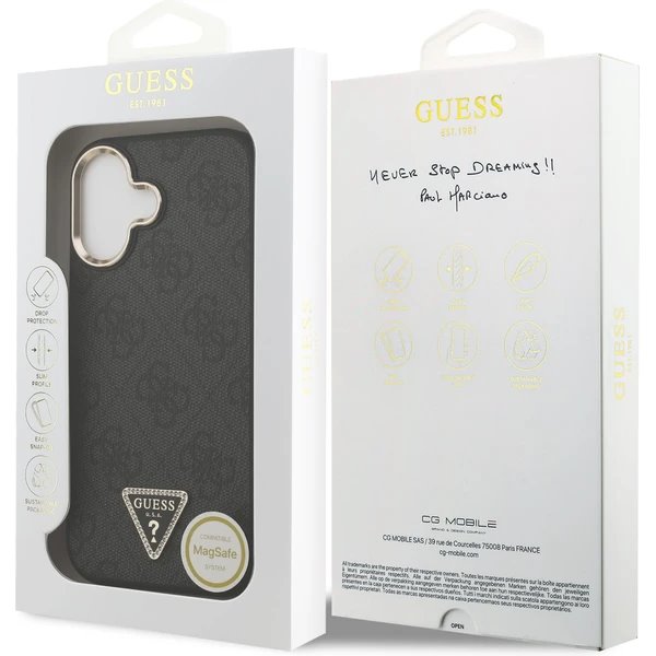 Guess PU Leather 4G Strass Triangle Logo Gold Frame MagSafe kryt iPhone 17 čierny