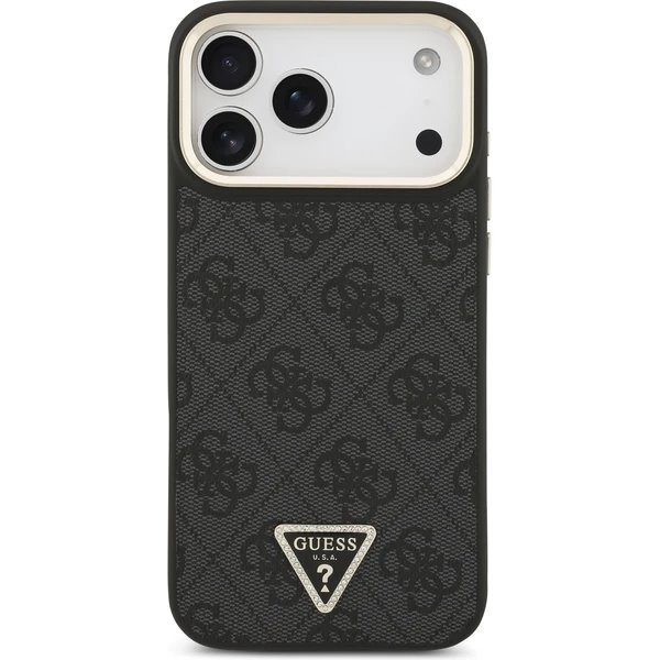 Guess PU Leather 4G Strass Triangle Logo Gold Frame MagSafe kryt iPhone Pro Max 17 čierny